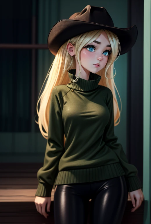 1girl, solo, (half-body-shot (cowboy shot):1.3), Dawn_Total_Drama, blonde hair, intricate, absurdres, highest-quality, extremely-detailed, masterpiece, 8k UHD, 4k HDR, RAW photograph, film-grain, (green sweater, black shiny leggings, cyan blouse),
