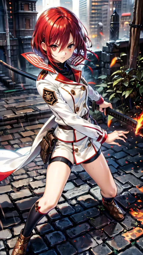 girl,red hair,short hair,military suit,white suit,have katana,flame ruler,in city,rain,fantasy style,flame aura,