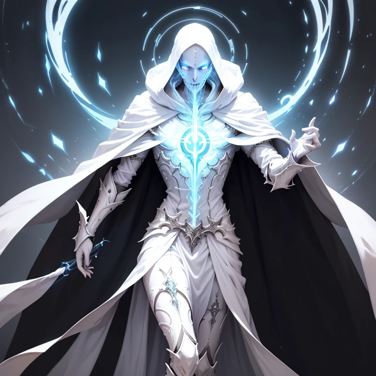 A pale man black hair tall and thin necromancer, wearing a white futuristic light armor with white magic ornaments, wearing a long cloak, specter invoker, specter magic, white spirit magic, undead reborn, white glowing magic surrounding