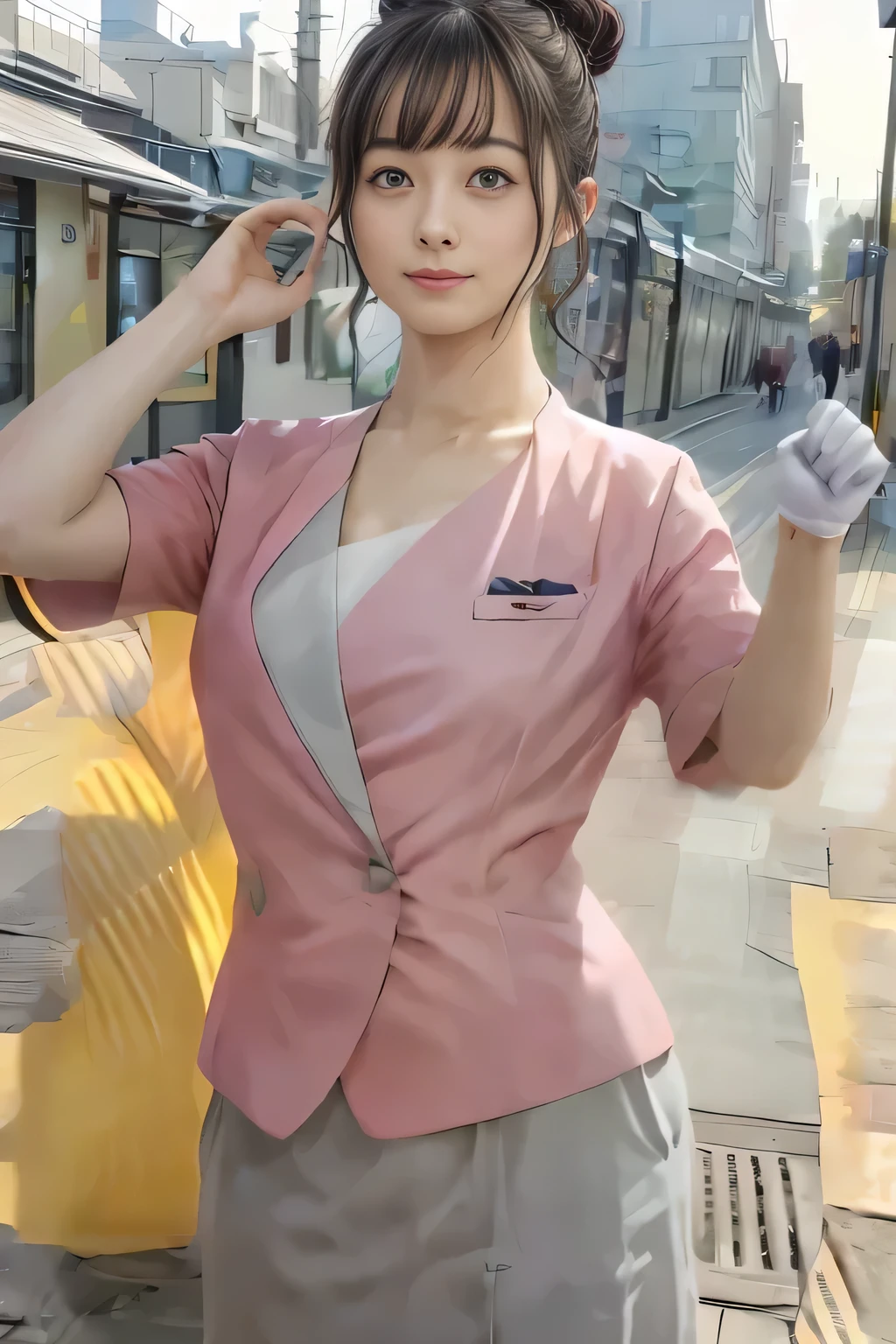 (masterpiece:1.2, highest quality:1.2), 32K HDR, High resolution, (alone、1 girl)、（On the rooftop of a building in the daytime、Professional Lighting）、Building rooftop background、（Nankai train crew uniform pinkを着たリアルスタイル）、（Nankai train crew uniform pink short sleeve pink jacket、Nankai Train Crew Uniform Pink Collarless Short Sleeve Blouse、Nankai Train crew uniform pinkのグレー色のキュロットスカート）、Dark brown hair、（Hair tied up、Hair Bun、Hair Bun）、Dark brown hair、Long Shot、Big Breasts、Thin legs、（（Great hands：2.0）），（（Harmonious body proportions：1.5）），（（Normal limbs：2.0）），（（Normal finger：2.0）），（（Delicate eyes：2.0）），（（Normal eyes：2.0））)、smile、（Nankai Train crew uniform pinkのグレー色のキュロットスカートを見せた美しい歩く姿）、Keep your hands natural