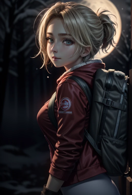 ((Best quality)), ((Masterpiece)), (detailed), (Detailed face:1.2), (Detailed eyes:1.2), (Perfect figure:1.2), (Looking at viewer:1.2), 1girl, UDSam, solo, short hair, blonde hair, (Wearing: Red jacket, white leggings, fingerless gloves, snow boots and backpack), dark, gloomy dramatic, spooky lighting with lot of fog, foggy and snowing weather snowy, blizzard, in a forest, night time with huge white moon, 1girl, UDSam, solo, short hair, blonde hair, (Wearing: Red jacket, white leggings, fingerless gloves, snow boots and backpack), worried expression, in an forest, foggy, snowy, blizzard, lot of fog, night time, intricate, absurdres, highest-quality, extremely-detailed, masterpiece, 8k UHD, 4k HDR, RAW photograph, film-grain
