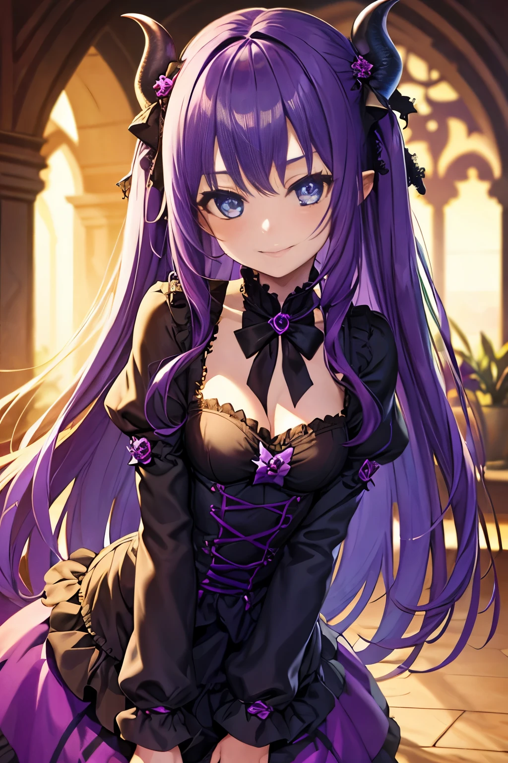 A close up of a anime character with purple hair and a black dress - SeaArt  AI