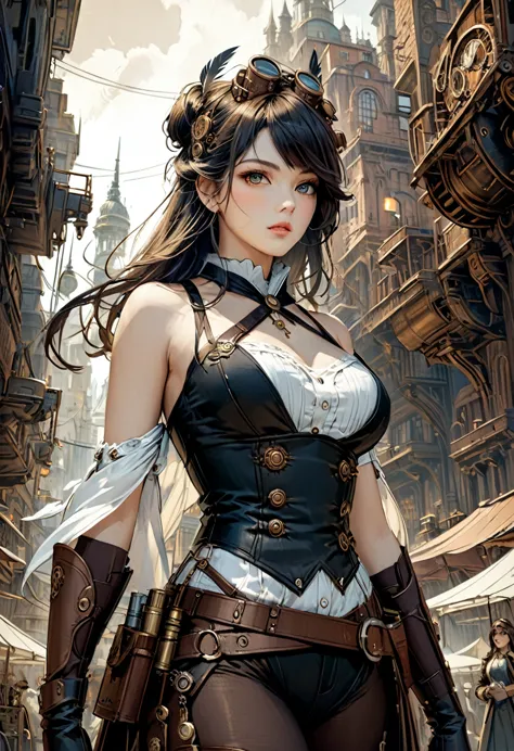    Double exposure of a beautiful and delicate female warrior，The background is a steampunk city perfect, Beautifully, Intricate...
