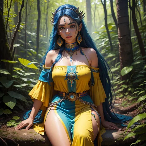 a blue hair latin beauty shaman lady wearing a yellow tunic, forest background