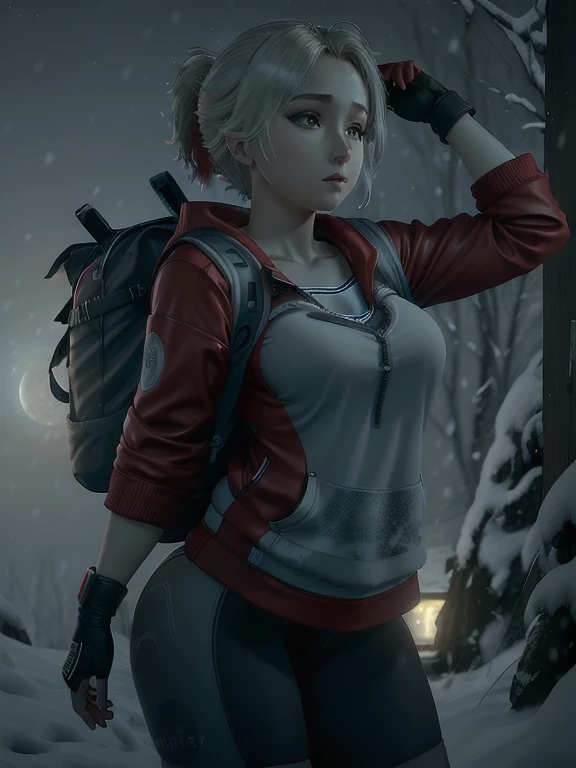 ((Best quality)), ((Masterpiece)), (detailed), (4K quality), (Detailed face:1.2), (Detailed eyes:1.2), (Perfect figure:1.2), 1girl, UDSam, solo, short hair, blonde hair, (Wearing: Red jacket, white leggings, fingerless gloves, snow boots and backpack), dark, gloomy dramatic, spooky lighting with lot of fog, foggy and snowing weather snowy, blizzard, in a forest, night time with huge white moon, upper body shot
