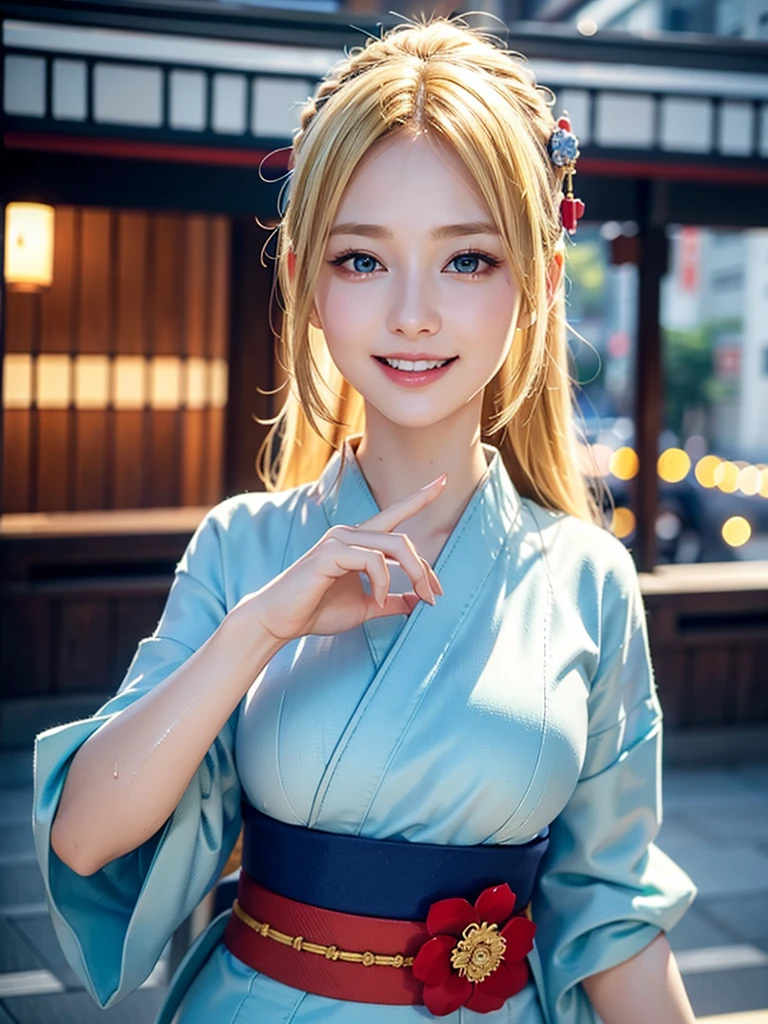 high resolution、 beautiful Woman （Dasha Taran）、Thoughtful expression、Clear photos、Realistic photos、Blonde Hair、Blue Eyes、Smiling kindly at the audience、High resolution、Dynamic Movement、Highly realistic photos、Extremely detailed depiction、The body is wet、nice smile、Kyoto cityscape、Fashionable kimono、Oiran