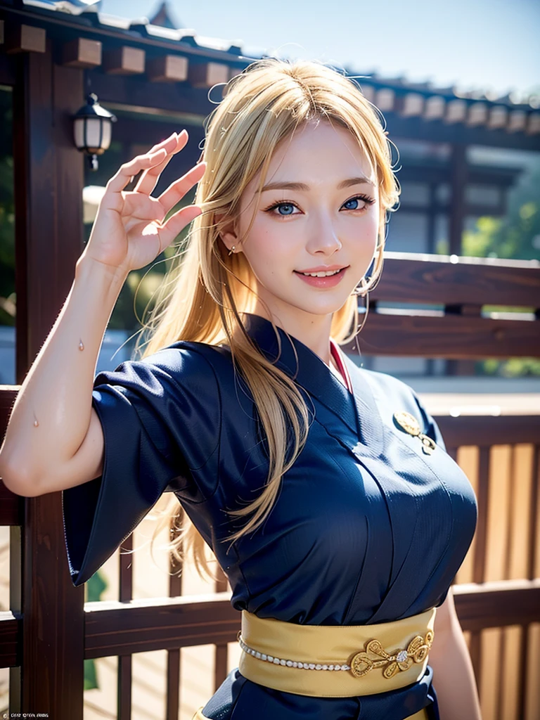 high resolution、 beautiful Woman （Dasha Taran）、Thoughtful expression、Clear photos、Realistic photos、Blonde Hair、Blue Eyes、Smiling kindly at the audience、High resolution、Dynamic Movement、Highly realistic photos、Extremely detailed depiction、The body is wet、nice smile、Kyoto cityscape、Fashionable kimono、Oiran