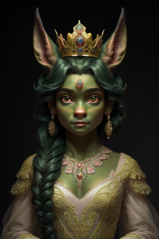 masterpiece,best quality,highest resolution,intricately detailed,deerlike,rich green skin,skin-green,black mane no part,smallest deer-ears,cute doe-eyes,deer-nose,female woman,cute human face,feminine,princess,delicate tiara,white dress,portrait,hands as hooves,masterpiece,best,quality,highest resolution,portrait,digital painting,