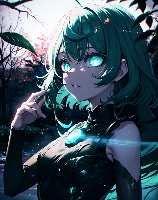 anime girl with green eyes in the dark surrounded by leaves, green glowing eyes, with glowing eyes, magical glowing eyes, anime lush john 8k woods, dark glowing rain, glowing eyes everywhere, eerie glowing eyes, glowing eyes, eyes glowing, numerous dimly glowing eyes, anime style. 8k, glowing green eyes, glowing magical eyes, very glowing eyes