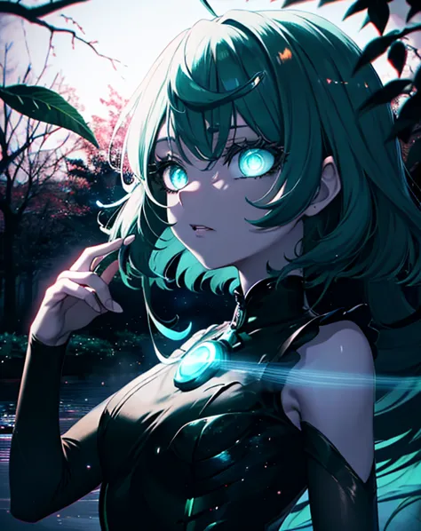 anime girl with green eyes in the dark surrounded by leaves, green glowing eyes, with glowing eyes, magical glowing eyes, anime ...