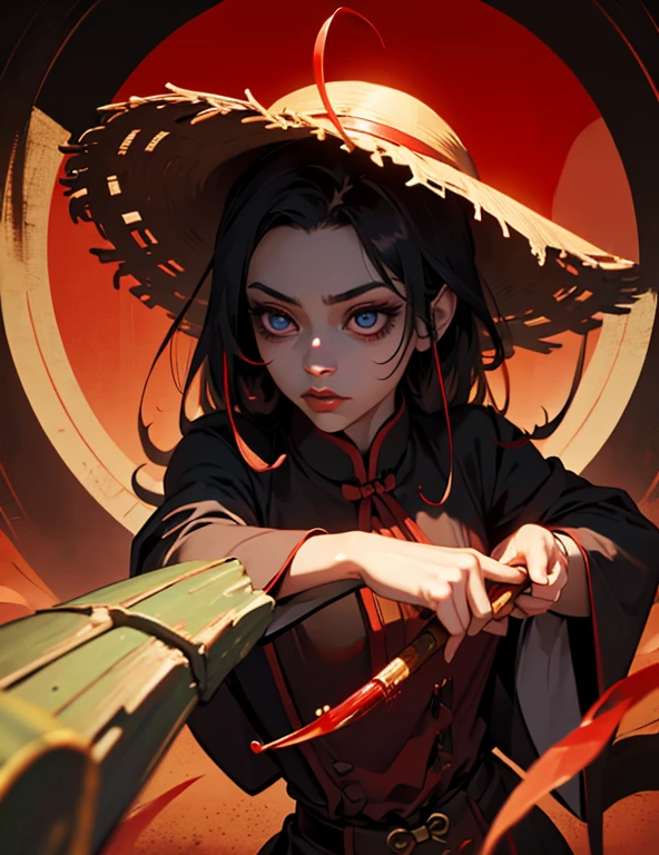 Chinese vampire with a bamboo hat, blood bending, blood powers, one golden eye, Best Quality, Ultra High Resolution, (Realism: 1.4), Depth of Field