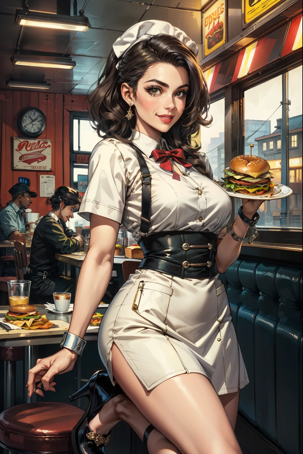 (obra maestra, mejor calidad:1.2, cara detallada), solo, 1 chica, American diner, camarera, década de 1950, sosteniendo un plato con papas fritas y hamburguesa, sonrisa, tacones altos, 