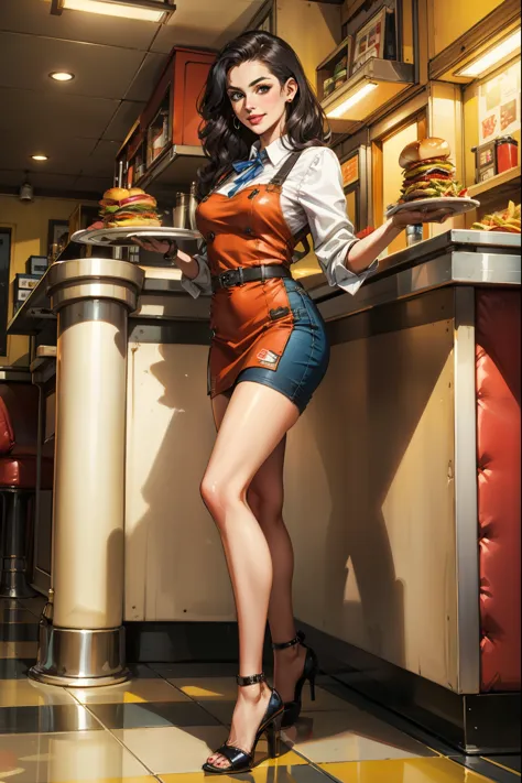 (masterpiece, best quality:1.2, Detailed Face), solo, 1girl, American diner, Waitress, 1950s, holding a platter with fries and h...