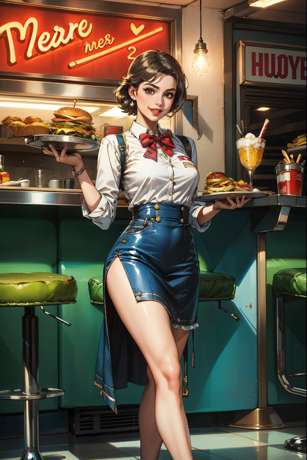 (obra maestra, mejor calidad:1.2, cara detallada), solo, 1 chica, American diner, camarera, década de 1950, sosteniendo un plato con papas fritas y hamburguesa, sonrisa, tacones altos, 