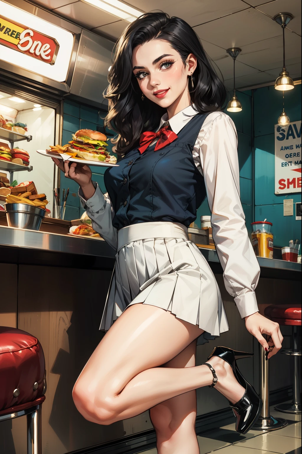 (masterpiece, best quality:1.2, Detailed Face), solo, 1girl, American diner, Waitress, 1950s, holding a platter with fries and hamburger, Smile, High heels, Pleated short skirt (Black), long sleeved blouse (white), 