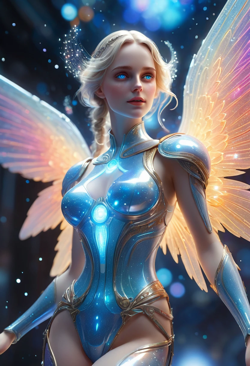full body, small (ultra-detailed angel in a spaceship) highly detailed incorporeal fairy made of light blue silvery light, bokeh pollen specs multicolored ((shiny galaxy lights)) magic particles in the galaxy air background by moebius , perfectly lifelike beautiful face, detailed pretty eyes, glossy lips, pastels bloom lighting detail, beautiful rendering by fromsoftware artwork, elden ring aesthetic, boos stage battle, ray tracing beams, extremely smooth blending, highly detailed, 8k sharp focus,((blue eyes in a hood wonderfully detailed )), with ((orange and pink dash lights))) elements on light blue soft armor