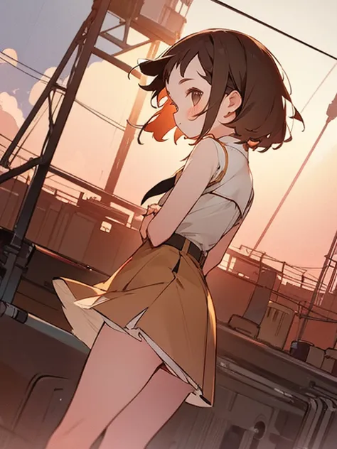 Cute young girl, Short brown hair, Wearing a short dress，Tie your hair, Factory lights spreading in the distance, At dusk, Diago...