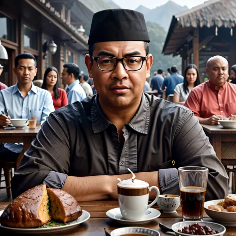 there is a fat man sitting at a table with a plate of food and a cup of coffee, inspired by rudy siswanto, inspired by altoon su...