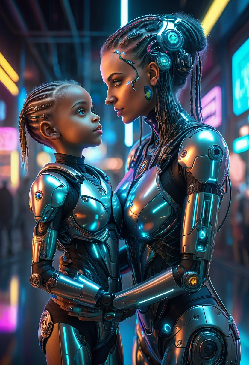 a sweety cute mom and girl cyborg , cyberpunk style, (intricate details), hdr, (intricate details), (hyperdetailed), cinematic shot, vignette neon lights reflections, reflection mapping, intricate design and details, dramatic lighting, hyperrealism, photorealistic, cinematic, 