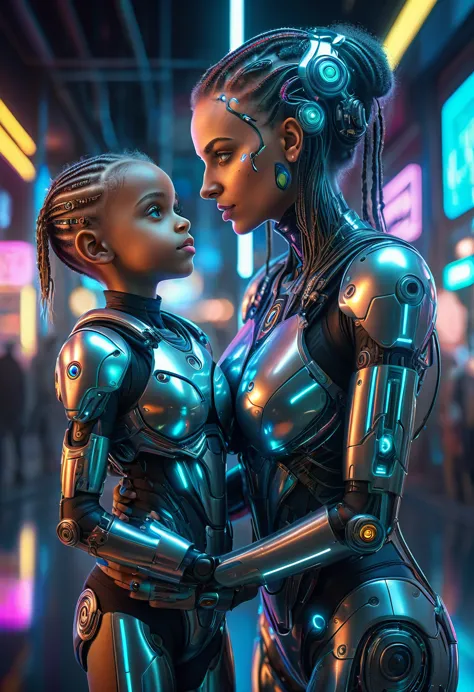 a sweety cute mom and girl cyborg , cyberpunk style, (intricate details), hdr, (intricate details), (hyperdetailed), cinematic s...