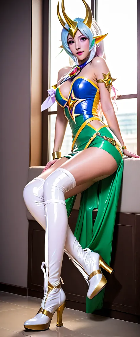 star guardian soraka, bondage, tied up, gagged, dakimakura, high heel boots, latex dress, best quality, masterpiece