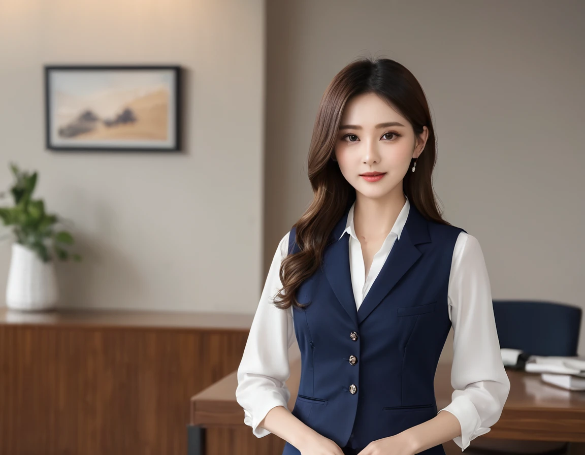 (Full-body photos of the same person:1.5)、(Multiple Views、split view:1.2)、(Front view、Photo from behind、Chest close-up:1.4)、Elegant long hair、45-year-old office lady、Intelligent married woman、Beautifully detailed hair、Beautiful and detailed brown eyes、beautiful flat chest、Beautiful, clear skin、Medium chest、Office worker uniform、Shiny plain navy blue vest、Woman&#39;s wedding ring on the ring finger of her left hand、光沢のある紺色の膝下丈くらいのOffice worker uniformのペンシルスカート、Detailed face、Detailed eyes、