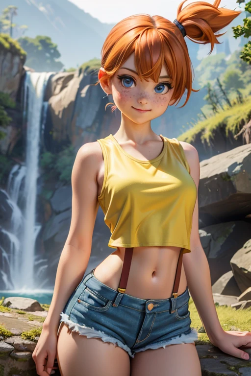 (masterpiece), best quality, expressive eyes, perfect face, (woods and waterfall background), (standing), (smile), (front view), (1girl, age 18+, belle delphine, fair skin skin, face freckles, orange hair, short hair, side-ponytail hairstyle, blue eyes, hourglass figure, thin body, skinny body, petite_body, small breasts, wide hips, thick thighs), (misty pokemon outfit, misty, (yellow_tanktop), croptop, sleeveless, shorts, suspenders),