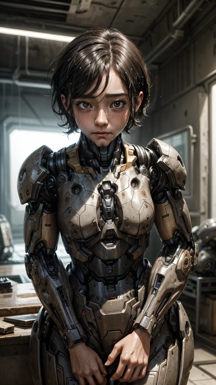 la plus haute qualité　Fille de costume Iron Man 8k　Fille de maternelle　visage en sueur　mignon　cheveux courts　de garçon　De la vapeur sort de ma tête　Mes cheveux sont mouillés de sueur　La sensation des cheveux noirs　portrait complet du corps　Mon haut du corps est trempé　Lumière naturelle　embué　humidité