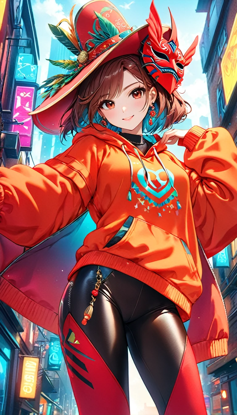 (High resolution:1.2),ultra detailed,realist,sharp focus,showy,4k,8k, HD. Masterpiece, hiper realist, hyper detailed,1 beautiful girl, happy, beautiful smile ,with rice, With red hat, earrings, red camouflage, red sweatshirt, red leggings, wide, by the chestnut, mask, nasolabial , standing, half, Armada, earrings, (reality: 1.5), cyberpunk, neon city, neon, 3D, cgi, Volumetric ray, white sclera, brown eyes,