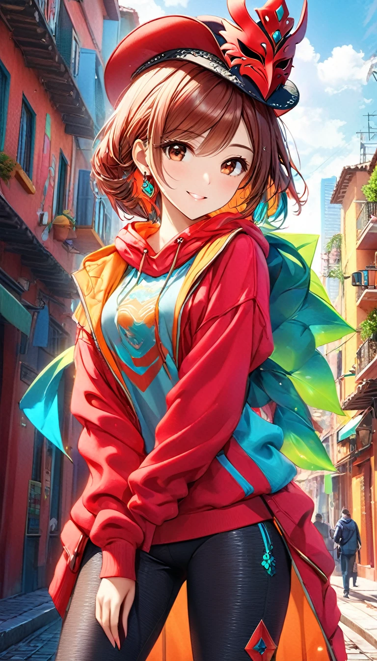 (High resolution:1.2),ultra detailed,realist,sharp focus,showy,4k,8k, HD. Masterpiece, hiper realist, hyper detailed,1 beautiful girl, happy, beautiful smile ,with rice, With red hat, earrings, red camouflage, red sweatshirt, red leggings, wide, by the chestnut, mask, nasolabial , standing, half, Armada, earrings, (reality: 1.5), cyberpunk, neon city, neon, 3D, cgi, Volumetric ray, white sclera, brown eyes,