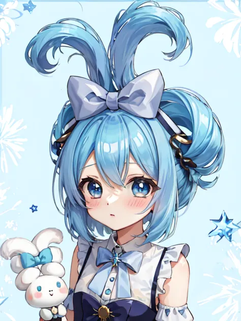 1girl, solo, cinnamiku, blue hair, blue eyes, hair rings, hair bow, blue bow, (cinnamoroll, tied ears),  light blue hair,((blush...