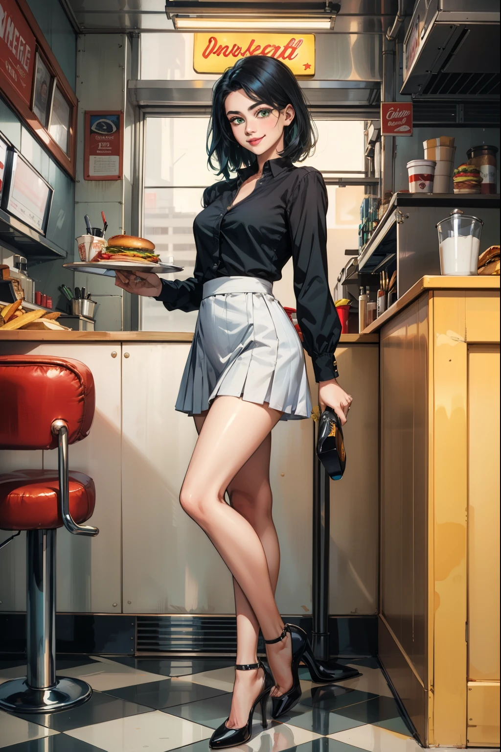 (masterpiece, best quality:1.2, Detailed Face), solo, 1girl, American diner, Waitress, 1950s, holding a platter with fries and hamburger, Smile, High heels, Pleated short skirt (Black), long sleeved blouse (white), Green eyes, Black hair,