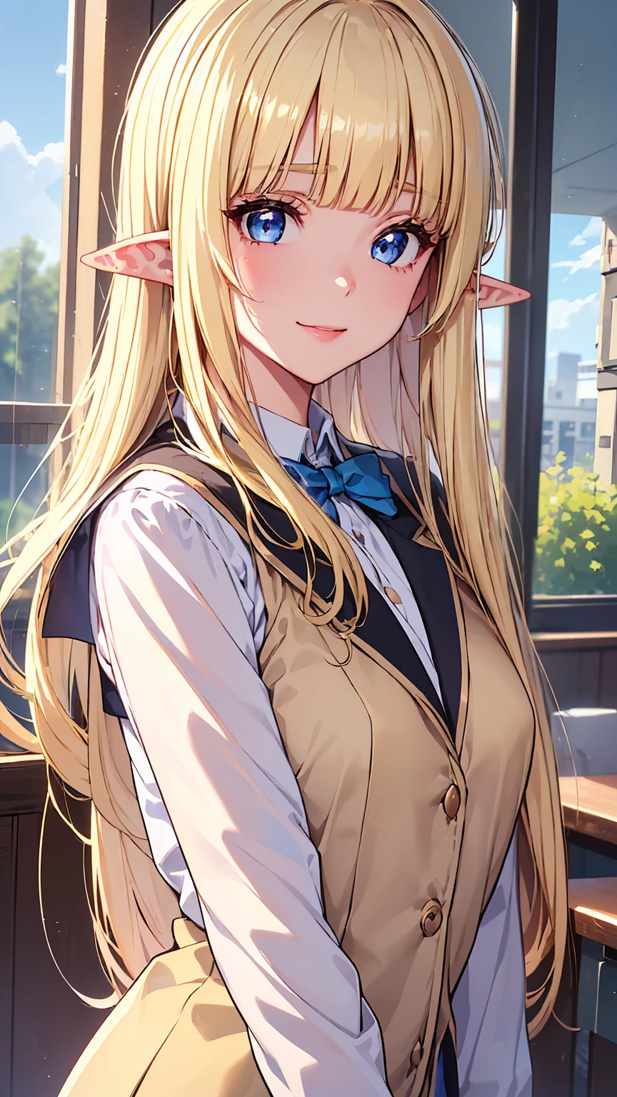 16k、masterpiece、High resolution、High resolution、((student))、((Young Elven Woman))、((Beautiful white skin))、((Beautiful blonde))、((Sparkling blue eyes))、((Pointy Ears))、Smiling Kindly、blush、Pink lip gloss、Shiny skin、((School uniform、Brown blazer))、Clear blue sky、look at me、((Upper body close-up))、School classroom