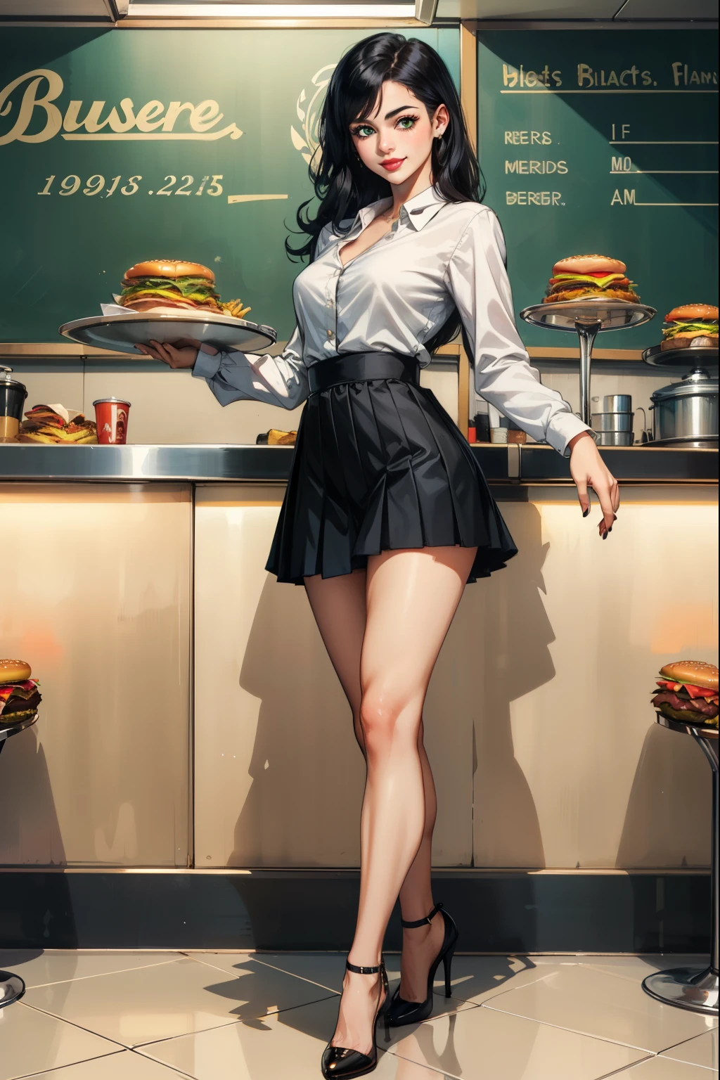 (obra maestra, mejor calidad:1.2, cara detallada), solo, 1 chica, American diner, camarera, década de 1950, sosteniendo un plato con papas fritas y hamburguesa, sonrisa, tacones altos, falda corta plisada (negro), blusa de manga larga (blanco), ojos verdes, negro hair,