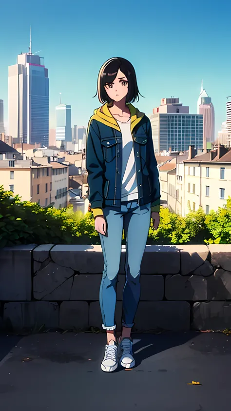 A teenage girl, black hair with green clip, dark yellows eyes, Hooded denim jacket, white shirt, dark jean pants, sneakers, back...