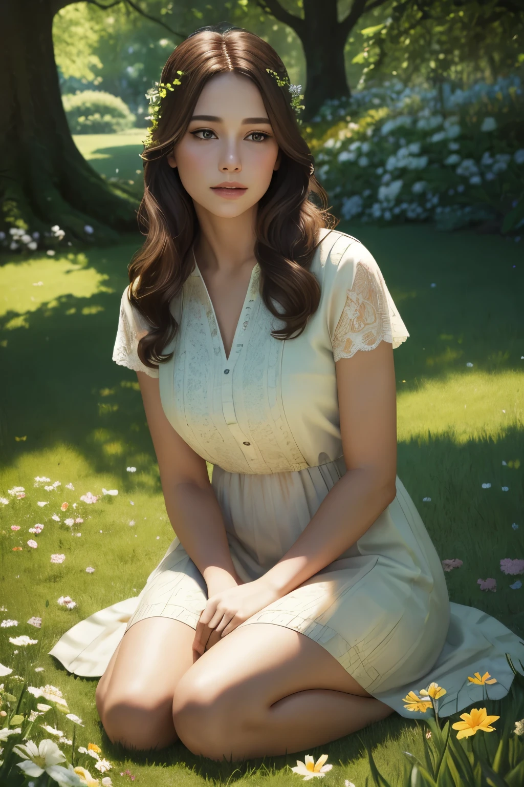 a peaceful garden, 1girl, serene expression, sitting on grass, surrounded by lush greenery, blooming flowers, sunlight filtering through trees, tranquil atmosphere, (best quality,4k,8k,highres,masterpiece:1.2),ultra-detailed,(realistic,photorealistic,photo-realistic:1.37),beautiful detailed eyes,beautiful detailed lips,extremely detailed face,longeyelashes,cinematic lighting,warm color palette,soft focus