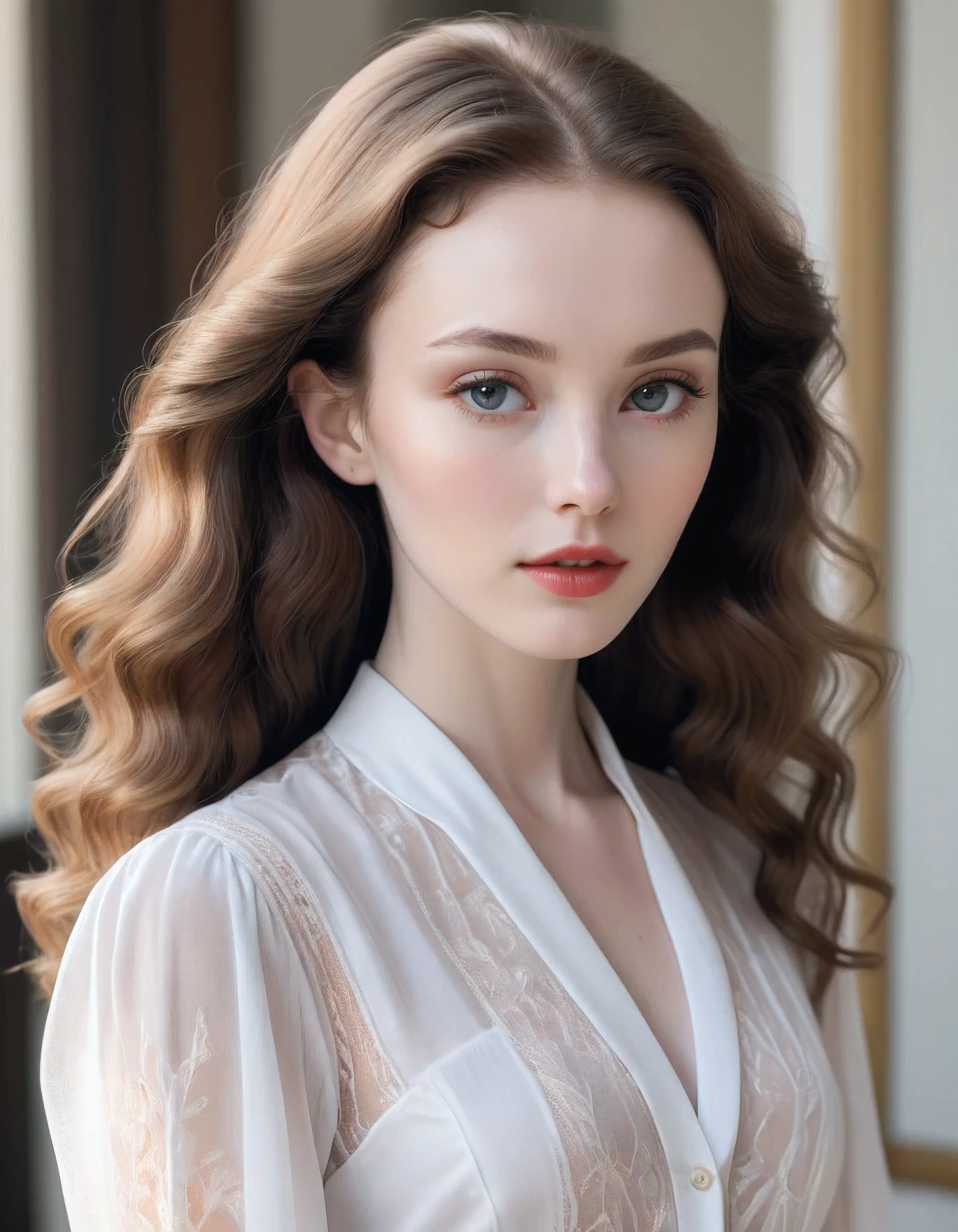 (parted_perm long hair,no hat:1.5),front view of the image, woman wearing blouse, White skin, soft portrait 8k, pale skin, Elegant woman with clear skin,