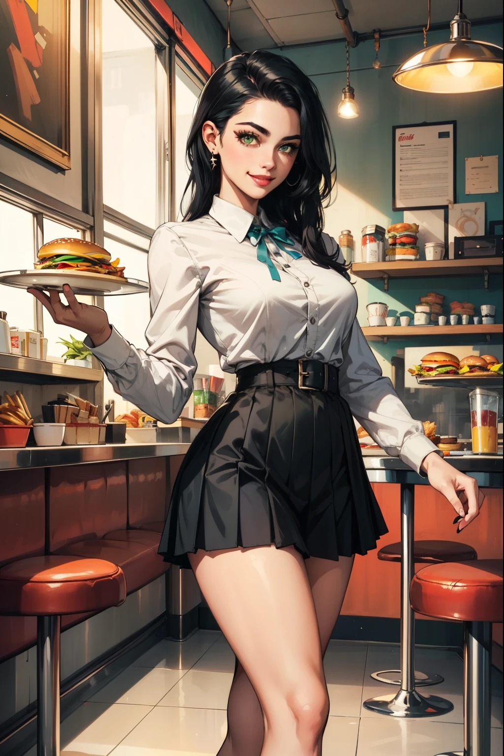 (masterpiece, best quality:1.2, Detailed Face), solo, 1girl, American diner, Waitress, 1950s, holding a platter with fries and hamburger, Smile, High heels, Pleated short skirt (Black), long sleeved blouse (white), Green eyes, Black hair, Big breasts, thick thighs, 