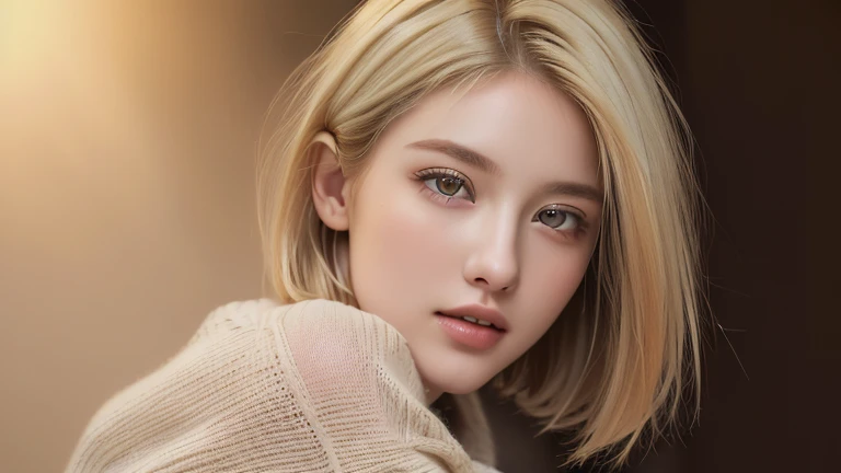 (masterpiece:1.3), (8K, Realistic, Raw photo, highest quality: 1.4), (1 Girl), Beautiful Face, (Realistic Face), (Blonde, Short Bob Hair:1.3), Beautiful Hairstyles, Realistic eyes, Detailed and beautiful eyes, (Realistic Skin), Beautiful Skin, (sweater), Disorganized, Charm, Ultra-high resolution, Surreal, Very detailed, Golden Ratio
