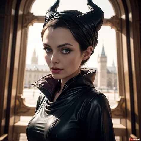 Masterpiece, best quality, detailed face, perfect eyes, Maleficent, black cowl, demon horns, throne behind her, looking at viewe...