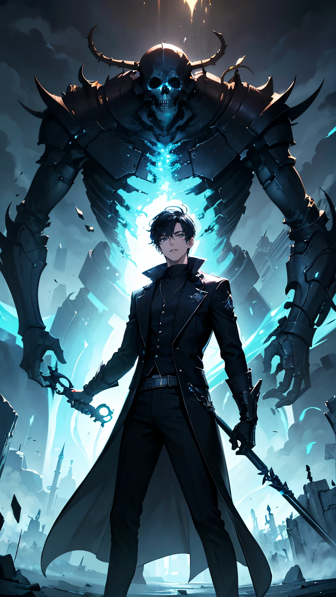 a young man in his twenties, cool pose, holding cyan spell in left hands, a lot of cyan sparks around him, ((army of skeletons)), destroyed city, detailed character, intricate details, 2d digital art, cinematic lighting, moody atmosphere, dark fantasy, high contrast, vibrant colors, 4k ,8k, masterpiece; Night Sky; Focus on details; Masterpiece; Fullbody; perfect face; bright eye;