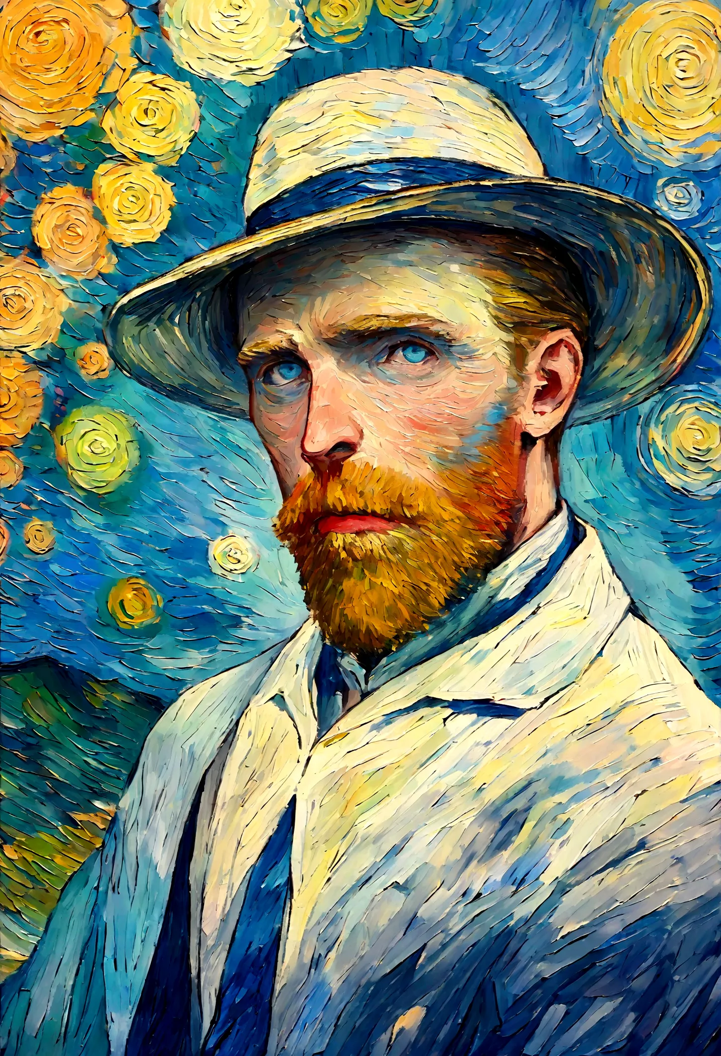 van gogh's self-portrait::style pointillism style、it is made up of various large and small things、clear dots of color、highly det...