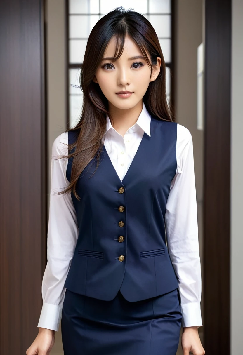 Japanese、2 office lady、(Full body photo:1.5)、(Plain dark blue vest:1.2)、(Navy blue knee-length pencil skirt from the office worker uniform:1.2)、Walking towards me、Elegant long hair、Intelligent married woman、Beautifully detailed hair、Beautiful and detailed brown eyes、beautiful flat chest、Beautiful, clear skin、Medium chest、Office worker uniform、Woman&#39;s wedding ring on the ring finger of her left hand、(Navy blue knee-length pencil skirt from the office worker uniform:1.2)、Detailed face、Detailed eyes、