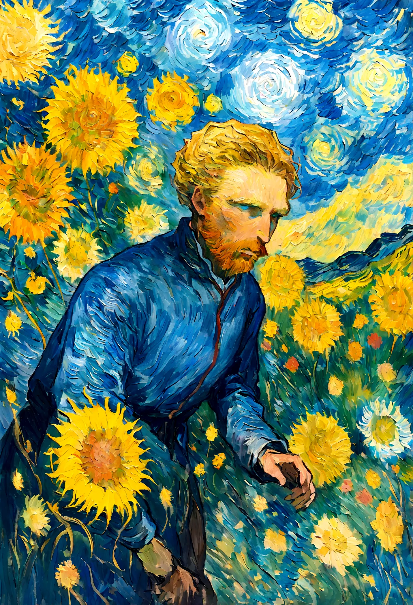 van gogh style, a person standing in a field with questions swirling around them in the wind. the field is filled with vibrant, ...