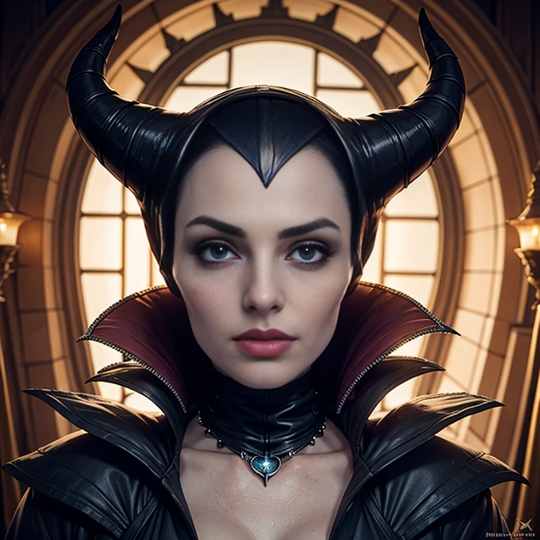 Masterpiece, best quality, detailed face, perfect eyes, Maleficent, black cowl, demon horns, throne behind her, looking at viewer, Sitting on a dark Throne chair. Behind her. In a dark throne room