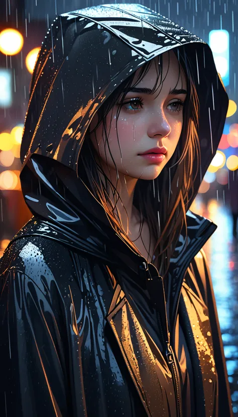 A girl with a hood alone in the rain,illustration,pouring rain,loneliness,best quality,ultra-detailed,realistic,portrait,dark to...