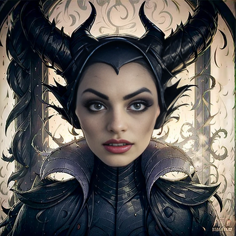 Masterpiece, best quality, detailed face, perfect eyes, Maleficent, black cowl, demon horns, throne behind her, looking at viewer, Sitting on a dark Throne chair. Behind her. In a dark throne room