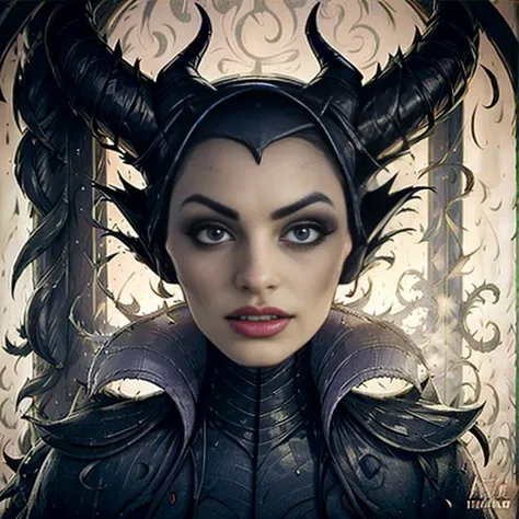 Masterpiece, best quality, detailed face, perfect eyes, Maleficent, black cowl, demon horns, throne behind her, looking at viewe...