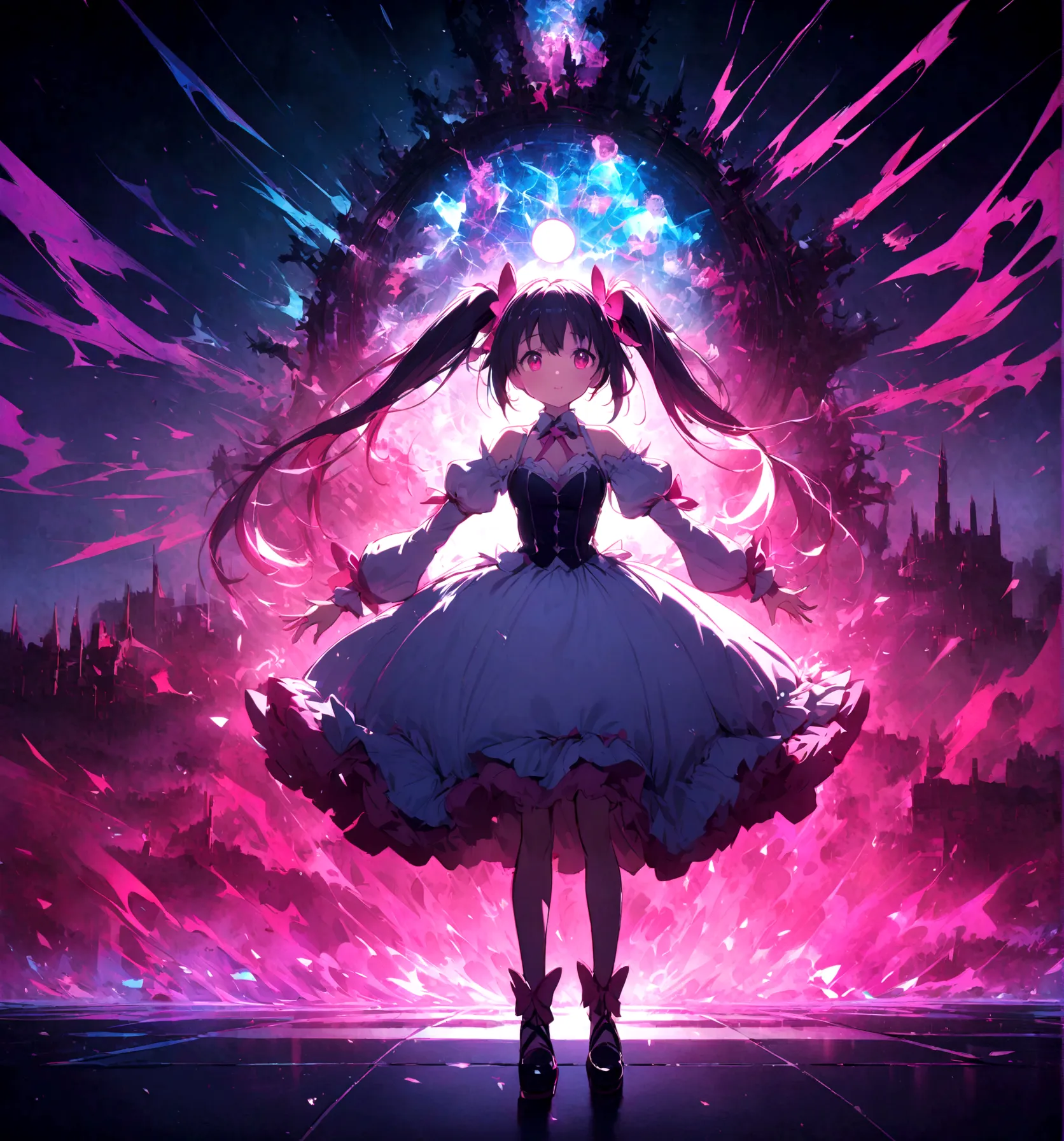 kaname_madoka\(Puella Magi Madoka Magica,magical girl style,pink twin tails hair,pink bows,open shoulder dress with frill,tie at neck,white grove,red juwel at cleavage\) is standing with confused face in the center showing full body to viewer,geometric and...