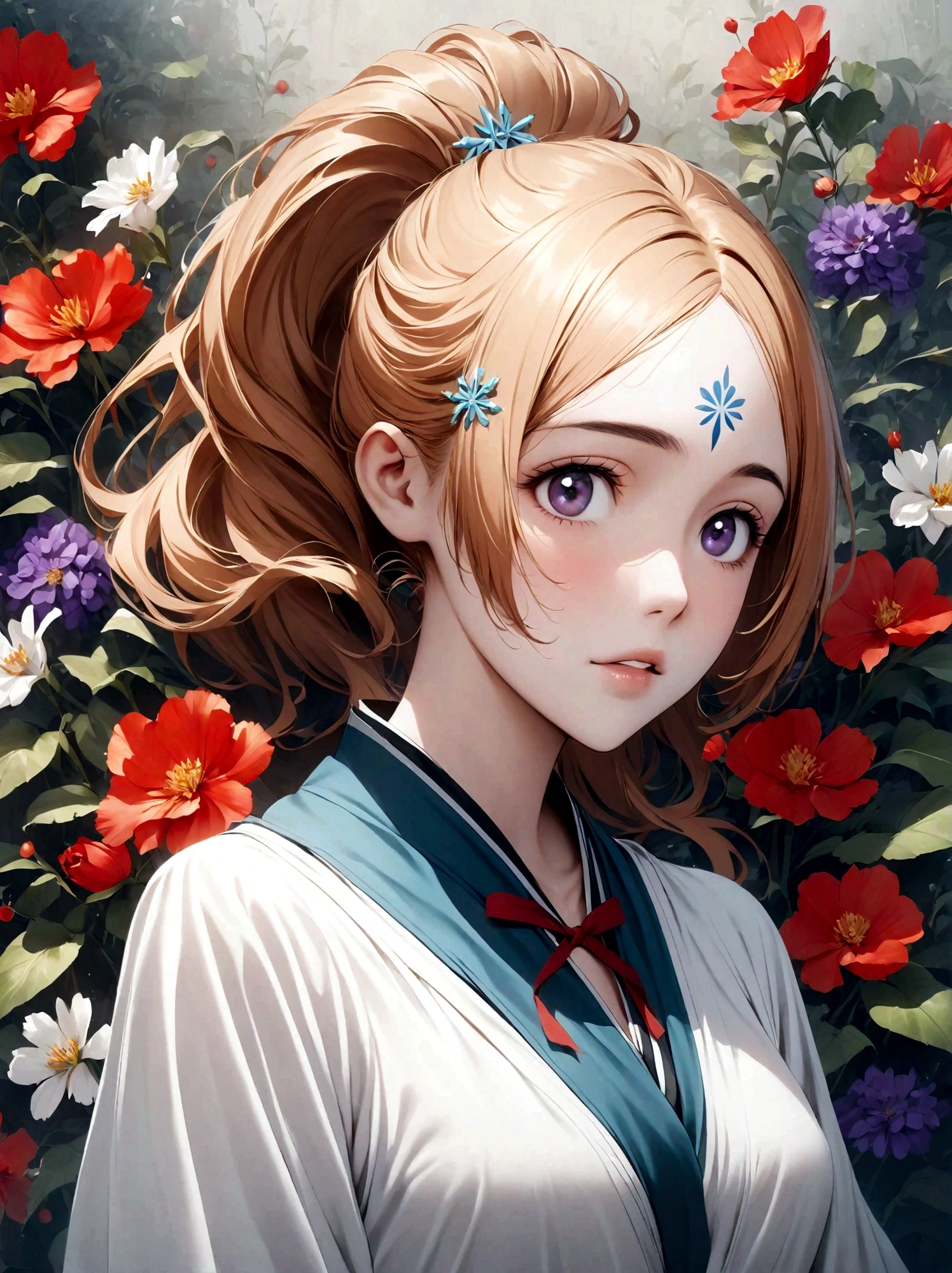 1fille, inoue orihime, EAU DE JAVEL, cheveux blond clair, queue de cheval ondulée, yeux violet foncé, peau claire, Visage doux, , robe blanche style kimono, décoration rouge, accessoires simples, tempérament élégant, gentil, Optimiste, désintéressé, Capacité de guérison, Bouclier Évitez Six Fleurs, marque sur le front, Six pétales, très esthétique, illustration, composition parfaite, Peau humide, Détails complexes